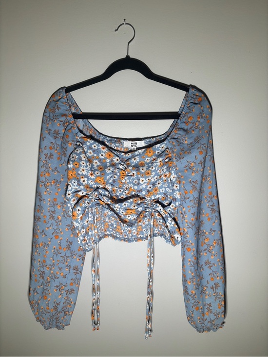 NYC Tops - Madden NYC Blue Floral Smocked Peasant Crop Top XL